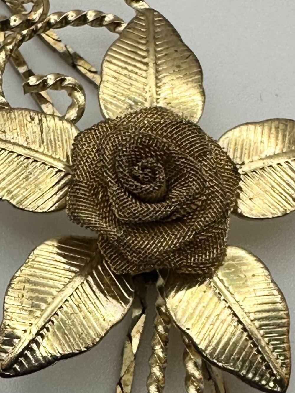 Vintage Gold-Tone Filigree Rose Pendant Long Chain Necklace